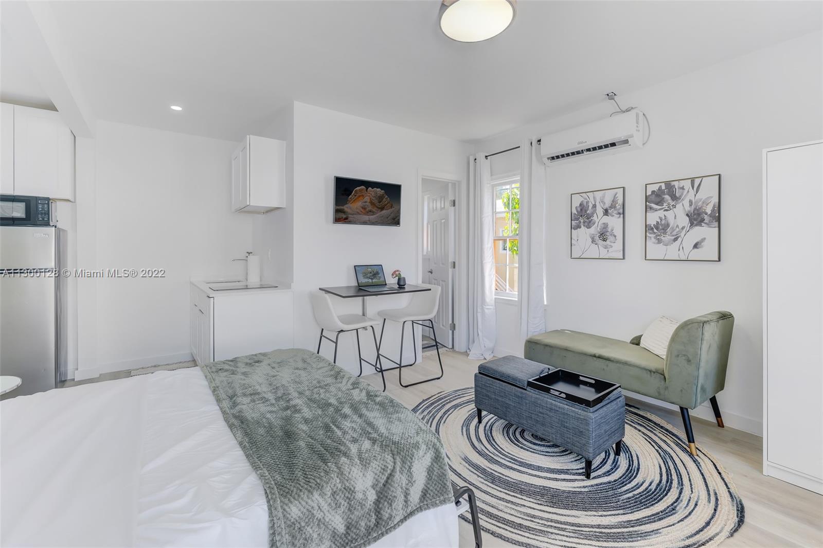 Bright and airy magnificently furnished studio unit in a private gated building in the Altos Del Mar section of North Beach. The classic comfortable style of this corner unit is accented by its highly desirable floor plan with lots of windows getting plenty of sunlight from sunrise to sunset. Updates include a new electric induction cooktop, air conditioners, and polished terrazzo floors. NO PETS
Features include: On-site washer / dryer, Fully fenced property. Other amenities include a shared courtyard area with a grill, hammocks, and seating.
(Outdoor storage shed available for a fee)
Wifi ,Water,sewer and trash included. Tenant pays for electricity.
(The Landlord requires a minimum credit score of 750. Property is available for a 6-month minimum basis.)