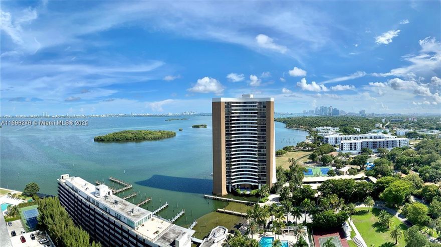 40 year recertification asessment paid in full! Panoramic views from spacious 2/2 w/wraparound balcony of biscayne bay, south beach, lush tropical Morningside historic district, downtown skyline, design district & Wynwood. Premier upper Eastside building, ultra gym w/ steam & sauna, large pool w/hot tub, new bbq pavillion 2 tennis courts & pickelball , front gate & front desk manned security, 2 spaces assigned gated covered pkg w/valet, Concierge, convenience store/Cafe, Club bar, deep water Marina, lush 10 acre grounds, additional parking, office space in bldg. Updated kitchen & Baths, tile, 2 zone AC. Walk to Mimo historic district dining, entertainment & shopping, 5 min to Design district & Wynwood, 10 min to downtown & Airport! Come see what Palm Bay life can be!
