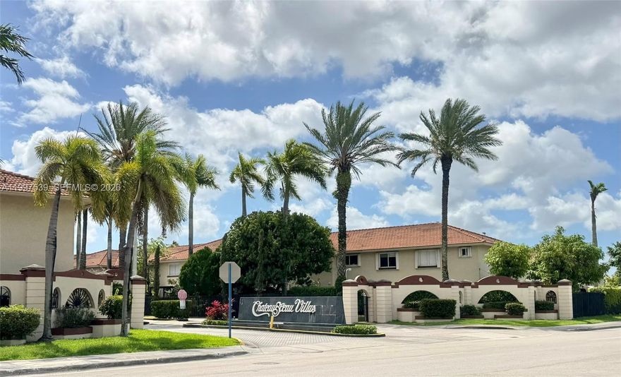 MUST SEE! Rarely available 3/2 in Chauteaubleau Villas, a highly desirable gated community near Mall of the Americas / Midway Crossings. It features a split floor plan and open kitchen. Freshly painted. Tile floor throughout.  Laundry in unit.  New floor and vanity in master bathroom. Centrally located just minutes to 826, 836, MIA, Doral, Costco, Home Depot and Walmart, close to many convenient and vibrant selections of dining and shopping. Two assigned parking spaces.  Ground floor unit.