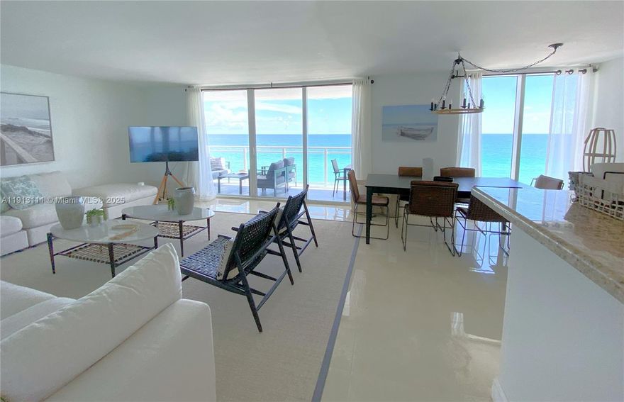 Direct Ocean Views! GORGEOUS Turnkey 2/2 with floor-to-ceiling impact windows, sleek ceramic floors, and a private balcony retreat. Fully furnished with modern décor, open kitchen, and spacious master suite. Resort amenities: beach service, pool, jacuzzi, gym, valet & 24/7 security. Act fast—this one won’t last!
