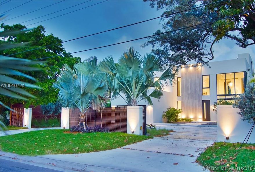 Miami Ultra, new construction, glass window walls with wide intra coastal views, white glass and wood flooring, Cameo white lacquer kitchen, dock and 80 ft. waterfront, 450' of lpe wood privacy walls 10' tall, rooftop summer kitchen with shade sails, 5BR, 5 BA, stunning bathrooms & landscaping. A Zen retreat on the water.