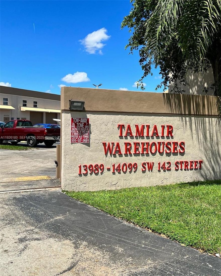 Warehouse storage space. TAMIAIR WAREHOUSES CONDO, 384 Sq Ft., Total dem. 12 x 28 ft., Door width 107”. Great for car or boat storage. Community is gated and secure. Condo Management approval required.
