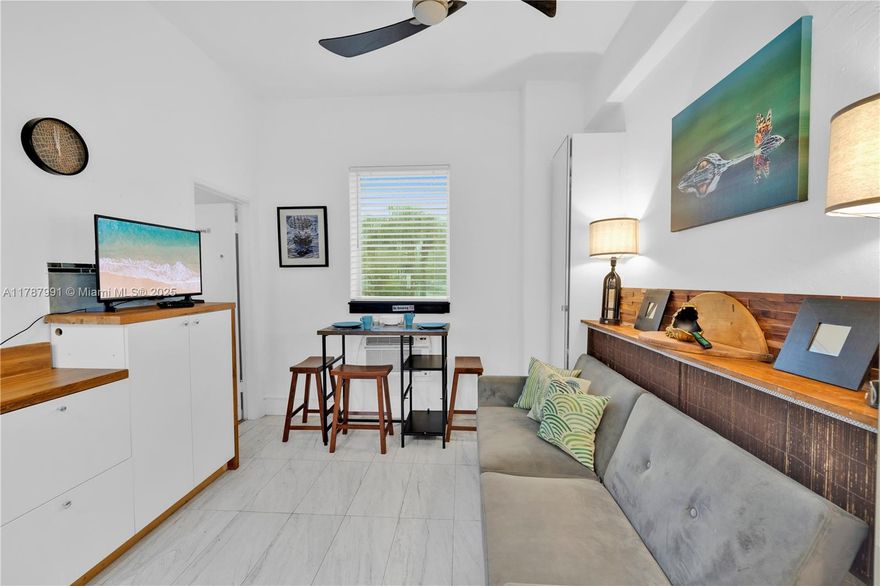 Beautiful fully furnished & all equipped studio (with separate bedroom) located in a safe & quiet neighborhood in the heart of South Beach...PERFECT LOCATION! Only 1 block away from the Beach & a few minutes walking distance from Lincoln Road. Walgreens is located only 1 block away, Publix & Fresh Market at 3 minutes driving. The whole unit was painted back 6 months ago, new wood floor, new furniture and wall paper in the bedroom. ALL AMENITIES are INCLUDED in the HOA (electricity, water, cable, high speed internet with fiber, janitor on site 6 days a week, pool maintenance, landscaping etc...). Making this unit really convenient for future tenants! The condo offers great amenities: large POOL, mini-gym, tropical garden, bike stations, elevator, 24/7 security doors + video cameras etc...