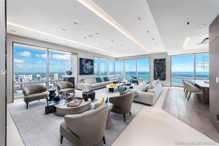 Stunning Four Seasons Residence on the 59th Floor with panoramic and unobstructed views of Biscayne Bay, Ocean, City of Miami, Key Biscayne and Fisher Island.  This combined E/D residence embodies 4,471 sf of high quality finishes throughout, a wine cellar perfect for a wine connoisseur, kitchen suited with top-of-the-line appliances and countertop eating.  Master bedroom with endless water views, en-suite bath with separate shower and tub, and walk-in closet. Residents of Four Seasons Residences Miami enjoy 5-star upscale amenities and services, including two heated pools, a hot tub, poolside cabanas, an owner’s lounge, memberships to Equinox which includes a state-of-the-art fitness center and a full-service spa, 24-hour valet parking service, room service, and full-service concierge.