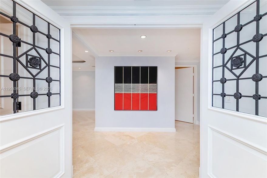 The convenience of an apartment with the space of a home! Rare four bedrooms (plus separate staff quarters), five and a half bath, floor-thru apartment with over 3,580 sq. ft. of living space, plus two oversize terraces, perfect for entertaining and for outdoor living. Tropical ocean and garden views. Impeccably appointed with marble floors throughout all areas except two bedrooms with wood floors; tray ceilings and recessed lighting.
 Included are two conveniently located assigned garage spaces.  Ocean Club is a world class resort style building, on Key Biscayne. Tenant occupied. Appointment necessary.