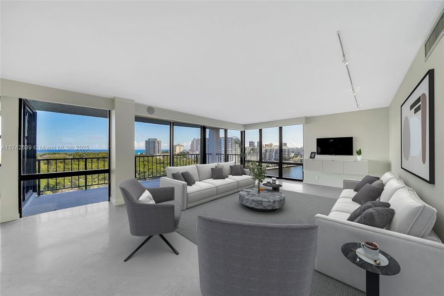 Step into luxury with this impeccably renovated 2-bedroom high-rise condo on the Intracoastal in Ft Lauderdale.  This expansive home offers sweeping views of the ocean, Intracoastal, Bonnet Estate, & the dazzling skyline from this corner through unit. Thoughtfully designed with modern finishes and an open layout, it's perfect for sophisticated living and entertaining.  Unit boasts impact windows and doors, limestone flooring throughout, modern kitchen with Sub-Zero & Miele appliances, 2 large en suite bedrooms with blackout & screen shades, smooth ceilings, abundant custom closets, and a semi-private elevator foyer. Building offers security, garage parking, rooftop heated pool, saunas, gym, community rooms, library and grill area, on-site management,100% reserves and No assessments coming.