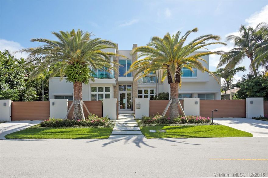 Unique, stunning, modern gated estate.Partially furnished. Turn-key.Built 2016.90ft water frontage with panoramic views and dock for up to 70ft boat. Infinity pool with attached spa.Designer chefs kitchen with walk-in cooler.Sub-Zero/Wolf appliances with wine storage. Five VIP suites with wet bar and balconies.Master his/hers bathrooms with spacious walk-in closets.Elevator.Separate office.Two attached garages with lifts (house up to 5 cars).Water filtration system throughout.Security cameras throughout.