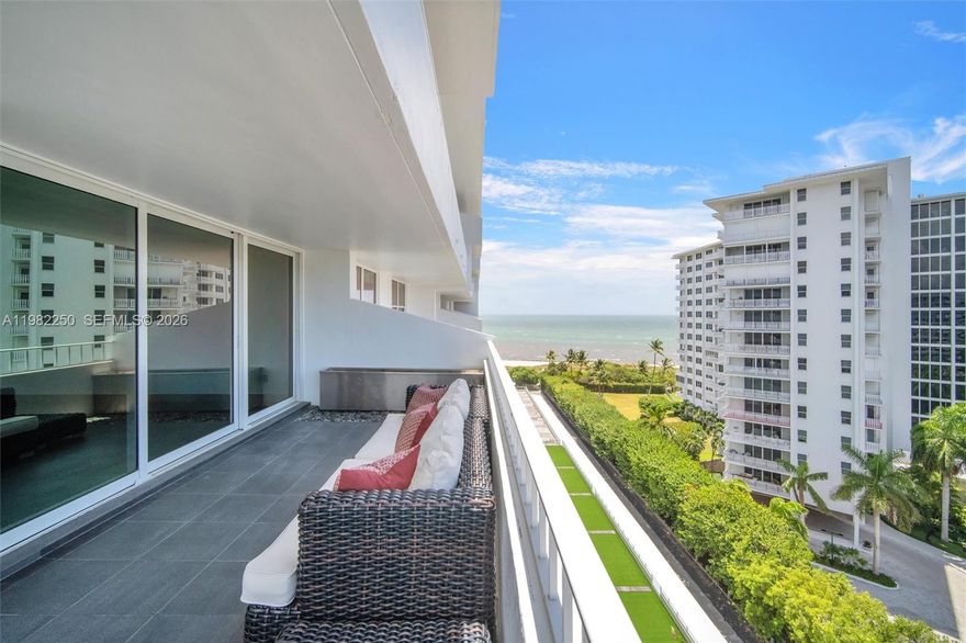 Experience the best of Key Biscayne living with breathtaking views and direct beach access. Unique high floor modern corner 2/2 renovated unit with wrap-around terrace overlooking ocean and bay. Enjoy exquisite design, imported Italian porcelanato floors, custom made stainless steel entrance door, top-of-the-line appliances like SubZero and Wolf, Roman Tub and Steam, as well as impact windows throughout. 1 car space and 1 golf cart space included, covered and assigned, as well as a storage on the same floor. Full-Service building features pool, tennis, gym, beachside BBQ area, private beach access with chair & umbrella service, 24-hour concierge and guarded gate. Ideally located near top-rated schools, beautiful parks, marinas, Crandon golf course, local dining and shopping, this residence presents an exceptional opportunity as a primary home, second residence, luxury vacation retreat, or as an investment opportunity. Currently rented until August 18 2026 with excellent tenants. 40 year recertification and SIRS completed. No current special assessments.