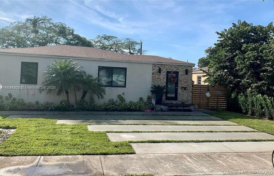 Beautiful neighborhood 2beds/1bath in desirable Miami Springs area. Family room. Completed renovated. New Kitchen w/ granite counter tops and Stainless Steel appliances . Central a/c. Ceramic floors. Large new wood fenced back yard w/ lots of space to build a pool. New roof and impact windows.