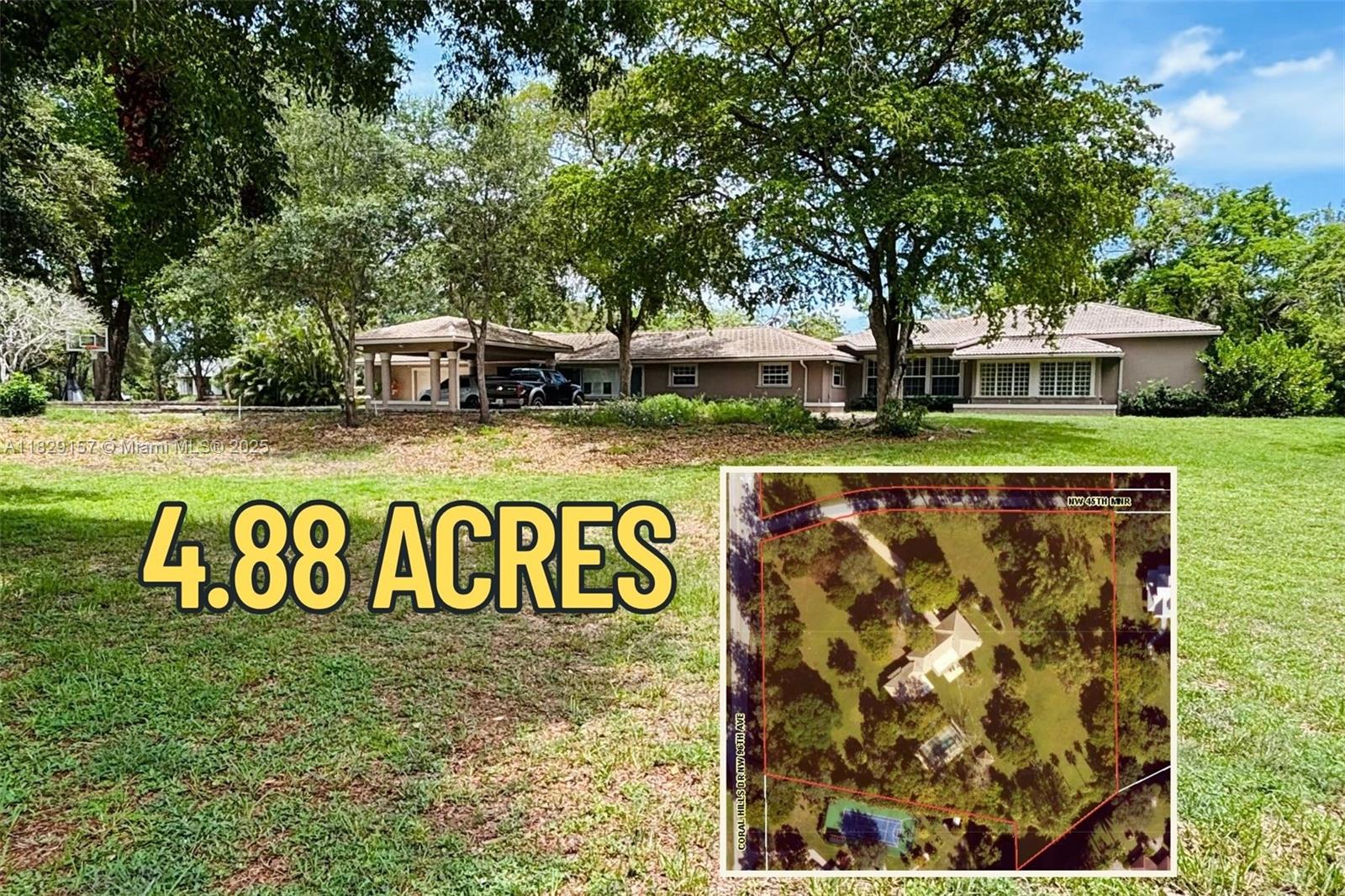 Discover a rare 4.88-acre estate in the prestigious enclave of “The Hills” in Coral Springs. This 4-bedroom, 4-bath pool home offers space, privacy, and endless potential, without the constraints of an HOA. The oversized master suite features a private office and massive his-and-hers walk-in closets. Enjoy peace of mind with partial hurricane-impact windows and shutters for all other openings. Zoned for up to 4 horses, the property is ideal for equestrian use or future development. The original plat for the property shows the site as two separate lots so it can easily be subdivided, pending removal of the current structure, unlocking significant investment potential. A truly one-of-a-kind opportunity in a sought-after location to make yours today!