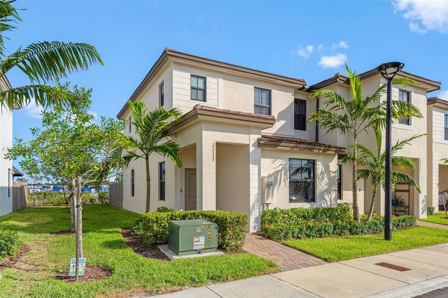Delight yourself in this -less than- 2y old corner townhouse flooded with natural light! It features open floorplan, kitchen island w Quartz counter tops, a master downstairs and 2 bedrooms upstairs (one of them has its own bath & walk-in closet!).  Besides being like new, it just got installed Zebra blinds in all high impact windows and let me point out the real plus: the safety and technology of a new property without having to wait a year or more for the developer! Large backyard Less than 2-year-old means newer equipment, new electricity and new plumbing! Only 2 minutes from US1 and less than 5 minutes from the Turnpike. Easy to show! Easy to finance (lot and block), FHA & 5%CONV approved!)... Best location and most value!