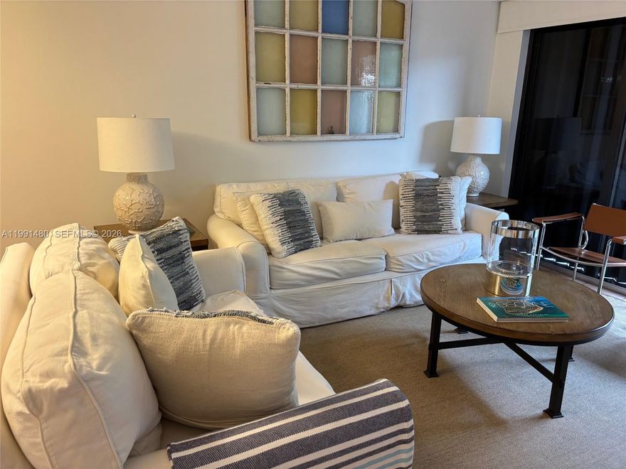 Tidemark at Key Colony best LANAI  located at 1st floor with extra-large patio with direct access to the pool/beach. Furnished and equipped. Substantially renovated with over 1000 sqft large 1 bedroom 2 full baths. High ceilings, open kitchen with white quartz top, new appliances and large pantry. Full size washer and dryer. Living/dining with beach flavors decoration with sleep sofa. Marble master bath with soak bathtub. Master bedroom with king size bed plus and extra twin (if convenient/necessary) 2 walk-in closets and Bahama shutters window treatment. Resort style building w/ security, management on site, pool, gym, tennis courts, recreational room, beach access, steps to Keye Biscayne shops and restaurants. Available soon, 6 month minimum, preferably 1 year lease, NO PETS
The unit could be rented unfurnished with a 2 year lease.