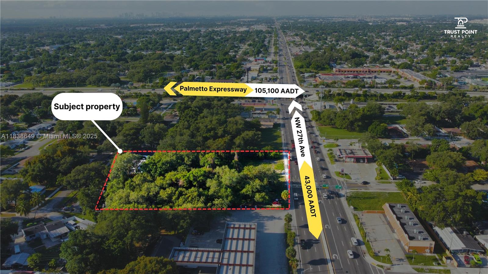 Prime 1.35-acre commercial lot in Miami Gardens near Palmetto Expy & NW 27th Ave. Zoned NC, supports retail, hotel (up to 450 keys), residential (218 units), mixed-use (197 units + 84 keys), or self-storage. Boasts 861 ft of frontage, 50,214 VPD traffic exposure, and 10-story height allowance. Includes 861 sq.ft. structure, fenced. Ideal for mixed-use development in a high-growth corridor. See brochure for details.