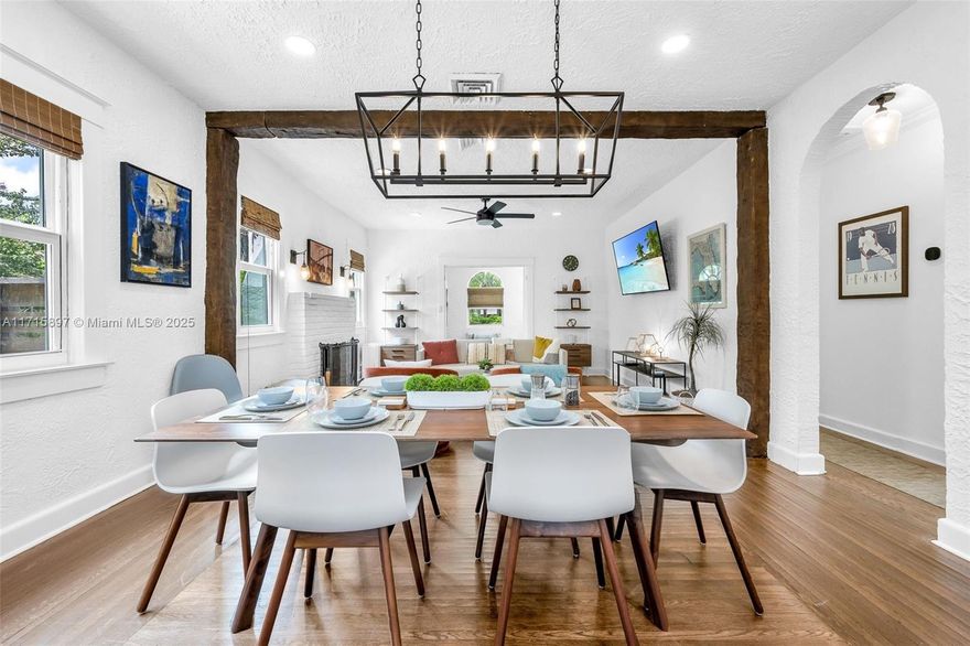 Welcome to your tropical retreat in historic Flamingo Park, where California Mission style meets Palm Beach charm. This beautifully remodeled Spanish villa blends Boho-chic elegance with modern comforts, perfect for families, sun seekers, and pet lovers. The main house features a cozy office nook, a welcoming living room with a decorative fireplace, a stylish dining area, and a chef's dream kitchen with updated appliances. Relax in the primary suite with its king-size bed and designer en-suite bathroom or the Zen-inspired twin bedroom. The private guest cottage offers a king bed, luxury bathroom, and kitchenette. Outside, unwind in the heated saltwater pool, dine al fresco, or let pets enjoy the fenced yard. Available monthly for season or off-season. Also available weekly.