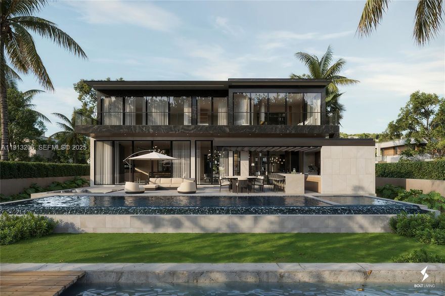 Brand new modern waterfront masterpiece in Surfside! Set on a rare corner lot showcasing 9,900 SF under A/C, this architectural masterpiece by Kobi Karp redefines modern elegance. Designed for seamless indoor/outdoor living with 75 ft of direct south facing frontage with no fixed bridges, sunset views, & walkability to the beach, places of worship, & top dining. The 1st level features Italian kitchen cabinetry & millwork, a junior primary suite, office, chef’s kitchen, cabana, & generous living areas. Upstairs, a dramatic primary suite showcases panoramic water views. Additional spacious bedrooms, a water facing pajama lounge with large private terrace, and gym with sauna/steam offer luxury living at its finest. Smart home technology & marble finishes elevate every detail. Crafted for those who expect nothing less than exceptional. Delivering Early 2026.