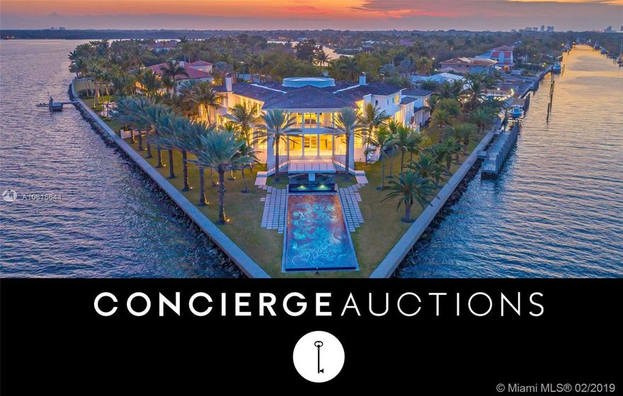 Auction. Bid 3/19-3/22. Currently $68M. Selling without reserve. Showings Daily 1-4PM EST by Appointment. Preview Event 2/26 4-7 PM EST. Beyond the contemporary gates rests a waterfront oasis, a playground of sun-filled days and glamorous nights. Imagine glittering formal galas spilling from the magnificent chandelier-lit foyer to the sleek interior bar and beyond to expansive waterfront terraces overlooking Biscayne Bay to the Atlantic Ocean. At the point of the estate with water on two sides, 41 Arvida Parkway is a stunning location upon which to host magnificent sunset alfresco cocktails and poolside soir&#xE9;es beside Estudio Arqu&#xE9; designed pool. Surrounded by 574 feet of water with a private dock on a canal nearest Biscayne Bay, the largest of yachts may be at sea in only minutes.