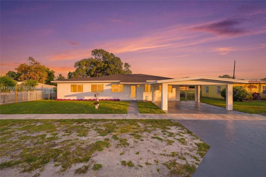 This move-in ready home features a 2025 roof, impact windows and doors, updated plumbing, full
electrical upgrade, and a redesigned interior layout. The open kitchen includes a 6x4 island, gas range, new
appliances, and flows into spacious living areas with 30x30 porcelain tile floors throughout. Additional highlights
include a new permitted driveway, Certificate of Occupancy, a 5-ton A/C (2020), covered carport, patio area, and a
large backyard with water views, perfect for relaxing or entertaining. Conveniently located near major highways,
shopping, dining, schools, and Hard Rock Stadium. No HOA.