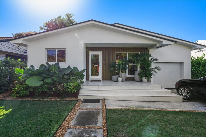 Fully renovated residence with refined modern design, located in an emerging, highly sought-after and increasingly exclusive Miami enclave. New shingle roof (Nov 2023) and brand-new A/C (2025). The kitchen features all-new custom cabinetry, Taj Mahal stone countertops, Samsung appliances (2024), and a built-in hood range.
Porcelain tile flooring throughout with a noise-canceling subfloor. Walls finished with German-imported lime wash (extra material conveys) and foam insulation in walls and ceilings for enhanced energy efficiency.
Bathrooms showcase Spanish porcelain tile, custom cabinetry, and custom sinks. The primary bedroom offers a custom built-in closet.
Additional features include front and back sprinkler systems, new Lutron outlets with dimmers, adjustable LED lighting (2024), flush Bocci System 22 outlets, frameless doors, and a floating drywall finish.