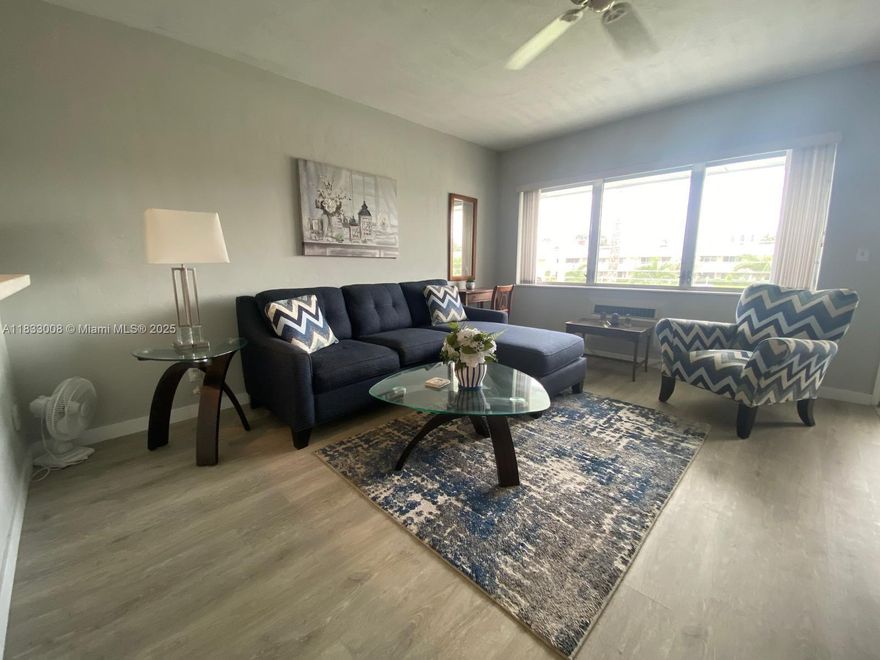 Updated 1-bedroom, 1-bath co-op is located east of Us1, just miles from beautiful beaches, shops, restaurants, Gulfstream Racetrack, Mardigras Casino, Aventura Mall, and the Hardrock Casino. Enjoy low maintenance fees, recently renovated heated pool. The kitchen boasts sleek quartz countertops and modern white cabinetry. The spacious bedroom offers ample closet space and includes an additional storage unit. Please note, this is a 55+ co-op that does not permit renting or pets.