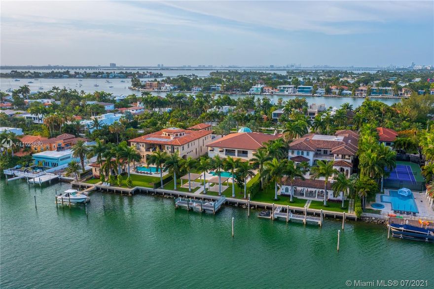 Welcome to the prestigious 198 Palm Ave, Built in 2016 This luxurious property is situated on a 30,000 Sq/ft Lot on Palm Island. Being one of the largest lots on the palm island, new owners can enjoy 100 ft of ocean frontage over looking the immaculate Downtown Miami Skyline. Enjoy this Mediterranean inspired 14,000 sq/ft home which includes 6 bedrooms, 8.5 independently designed bathrooms, spacious 4 car garage. Top of the line amenities include a spa with large steam sauna, an exercise room including jacuzzi, Complete Bar downstairs with spacious temperature controlled wine cellar. The backyard features a large 20x40 heated pool, a large covered terrace with S/S complete BBQ installation. Enjoy the quiet breeze while sitting under one of 2 large gazebos overlooking the ocean.