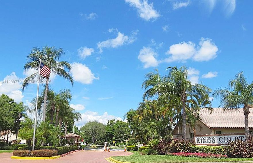 Welcome to Kings Court, a beautiful gated community with meticulously manicure grounds. This charming 3-bed, 2.5-bath townhome features ceramic floors in living areas, ample living/dining/family spaces, and rolling shutters on all windows. Community offers 24/7 security, clubhouse, pool, playground, gym, pickleball, tennis/basketball courts, and indoor racquetball and low HOA fee. Enjoy walking distance to The Palms Mall and close to highways, shops, restaurants, and schools. Note: property cannot be rented for the first two years of ownership. Schedule a visit today.