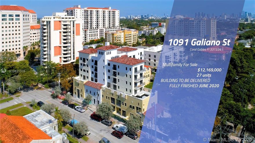 1091 Galiano is the only NEWLY BUILT BOUTIQUE BUILDING with 27 UNITS in the heart of Coral Gables.  Surrounded by green spaces and peaceful streets, it comes as a tasteful addition to the corner of Galiano St and Santillane Ave. It consists of 24 light and spacious 2 and 3 bedroom apartments, and 3 gorgeous and cozy townhouses on the ground floor. Being on full speed construction at the moment, as from June 2020, the project will be ready for its next owner to use it as a high end rental multifamily or to sell each of its 27 individual units.