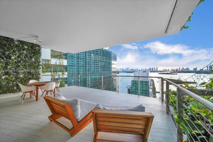 *New furniture coming, including Roche Bobois pieces.* Enjoy breathtaking sunrise & sunset views from this flow-through corner residence at Monad Terrace, designed by Pritzker Prize winner Jean Nouvel.  Monad Terrace is an architectural jewel of just 59 homes, surrounded by a central lagoon and lush climbing gardens. A private elevator opens into this 3 bed, 3 1/2 bath home in the sky, w/ floor-to-ceiling sliding glass doors & a 15 FT deep wraparound terrace framing sweeping views of the Downtown Miami skyline, Biscayne Bay, & South Beach.  Kitchen features Gaggenau appliances and Calacatta marble countertops, perfect for entertaining. The primary bathroom offers a steam shower & soaking tub with bay views. Bayfront pool, jacuzzi, & gym.  Close to Sunset Harbour & South of Fifth.