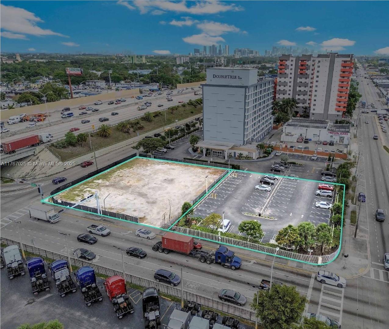 The site is approximately 1 acre and may be developed into approximately 173 residential units. Additionally, the zoning allows for multiple other commercial uses.
Paired with the site’s incredible visibility on I-95 and NW 7th Avenue, this allows a developer to capitalize on the property’s exposure and immediate access to
major transportation thoroughfares.
The proposed development scenario takes into consideration a parking podium on the 8028 NW 6th Ct folio,connecting to a residential tower on the northwest section of 7927 NW 7 th Avenue. The envisioned development would neighbor the existing Double Tree by Hilton Hotel, a highly successful hotel currently in operations since 2021.