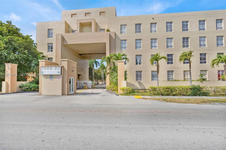 Rare bi-level corner penthouse condo! Only 4 of this model exist in Royal Palms, and this is the larger 1030 sq ft end unit. The entry is on the 4th floor with an open living/dining area and a half bath. Downstairs are two bedrooms, each with a full bath and walk-in closet. This unit has an end-of-hall location for great privacy, and it's less than 20 steps to the side staircase, leading you near the complex entrance and your two assigned parking spots. Visitor parking is near the pool/spa area. Located 0.4 miles from Palmetto Hospital and situated alongside Palmetto Expressway for easy commutes. Small assessment balance paid by the seller at closing! Great layout for young professionals, with an easy commute to the airport. Near shopping malls, schools, Miami Dade College, restaurants, and medical offices.  $250 fee for pets (dogs, cats, birds.)