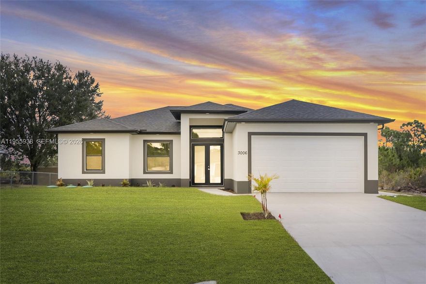 THIS HOME IS TRULY A MUST SEE! Welcome to this stunning BRAND-NEW CONSTRUCTION home nestled in a quiet, friendly neighborhood in Lehigh Acres—where modern design meets everyday comfort. Offering 1,568 SQFT of thoughtfully planned living space, this home features 3 BEDROOMS plus a versatile DEN and 2.5 BATHROOMS, perfect for today’s lifestyle. The OPEN-CONCEPT KITCHEN is the heart of the home, showcasing GRANITE COUNTERTOPS, STAINLESS STEEL APPLIANCES, a spacious PANTRY, and an ideal layout for entertaining or casual family meals. Granite countertops continue throughout the bathrooms and laundry room, creating a clean, cohesive, upscale feel. The LAUNDRY ROOM INCLUDES CABINETRY AND A WASHER & DRYER, making move-in effortless. The primary suite offers DUAL CLOSETS, while the DEN/OFFICE FEATURES ITS OWN HALF BATHROOM WITH DIRECT ACCESS TO THE EXTENDED LANAI—ideal for a home office, guest suite, or private retreat. With quality finishes, smart design, the PEACE OF MIND of new construction, and THE ADDED BENEFIT OF NOT BEING IN A FLOOD ZONE, this home is 100% MOVE-IN READY AND BUILT TO IMPRESS. SCHEDULE YOUR PRIVATE SHOWING TODAY BEFORE IT’S GONE!