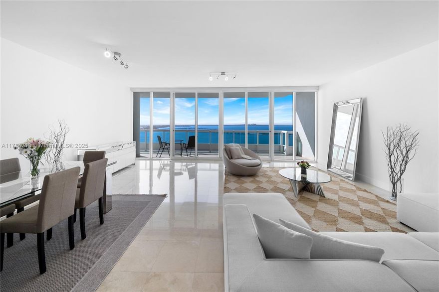 UNOBSTRUCTED SPARKLING BAY VIEWS FROM THIS FURNISHED RESIDENCE AT THE ICONIC SANTA MARIA ON BRICKELL AVENUE! Spacious Turnkey Residence w/2 Beds + 2.5 Baths in 2,180 SF of Interior Space. Expansive Bayfront facing Terrace accessible from every room’s Floor-to-Ceiling Windows. Living & Dining Area in Modern Interior Design w/Marble floors. White Kitchen w/Gaggenau Appliances. Bedrooms in Gray Tones w/Wood Accents. Primary Bath w/Double-Vanity Sink & Spa Tub clad in Travertine. Laundry Room w/Service Entrance. Secure & Gated, Santa Maria is an Iconic Miami Luxury Building. 5-Star Amenities include Newly Renovated 51st-Floor Health Club w/Spa, Sauna & Fitness Center. New Lap Pool & Tennis Court. Bistro Bar, Kids Playground & 24HR Security. 1 Parking Space + Valet.