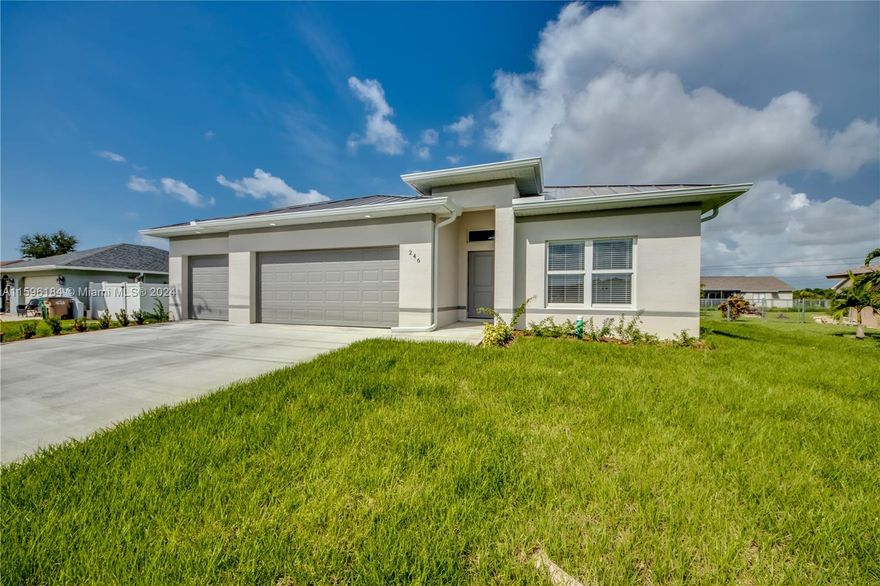 *Seller will contribute $10,000 in closing costs and provide buyer with a 2-10 home warranty.* New construction home with a 3 car garage, metal roof, & above grade high impact windows & doors. Home is on city water, sewer, and irrigation! The kitchen features granite countertops, subway tile backsplash, stainless steel appliances, 42-inch cabinets & large kitchen bar. The primary bathroom includes double sinks, granite countertops, a tiled shower with glass door, and a large walk-in closet. The second bathroom also includes granite countertops and a tiled shower/tub combo. This home boasts tons of upgrades and other features including beautiful vinyl flooring throughout, vaulted ceilings, a screened-in lanai, & lots of storage space. Washer & dryer included. No HOA. Not in a flood zone.
