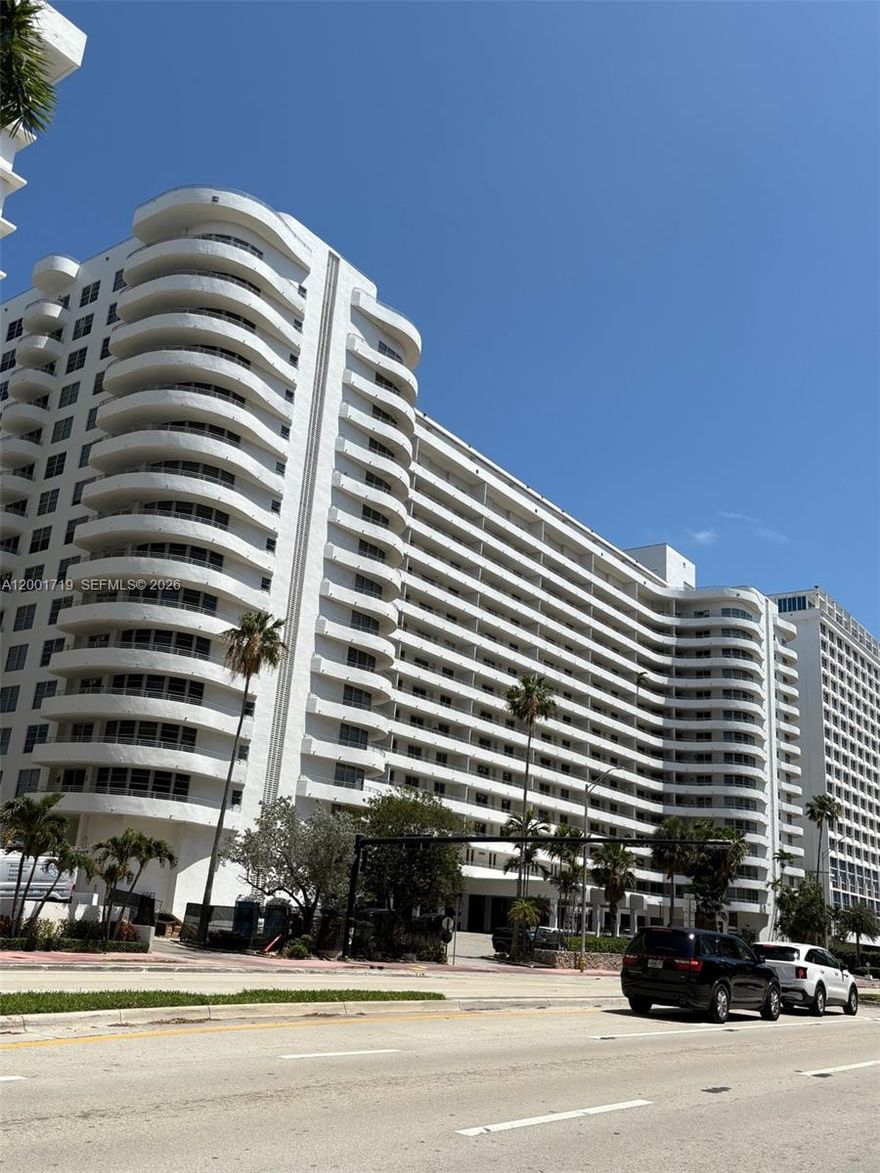 Oceanside Plaza was designed by renowned architect Morris Lapidus and sits on approximately 400 linear feet of oceanfront property. Completed in 1967, this 18-story, 302-unit condominium located on Millionaire's Row is celebrated for its Miami Modern (MiMo) style. 
The Building  is undergoing extensive renovations and updates to complete 50 yrs recertification and prepare for the 60 yrs Recert. The building's noteworthy amenities include direct access to Miami Beach boardwalk, a magnificent heated pool deck and gym, both with ocean views, a covered racket ball court, on site restaurant Lola, a classic ballroom, beach lounge chairs and umbrellas service. 
Excellent investment. Lowest priced unit when you consider SSAA 7 & 9 are paid off. Spacious 1 bedroom apartment with oversized terrace overlooking Collins Ave and the intracoastal waterway. While works are completed, enjoy your own income stream; the unit is rented through March 31, 2027.
