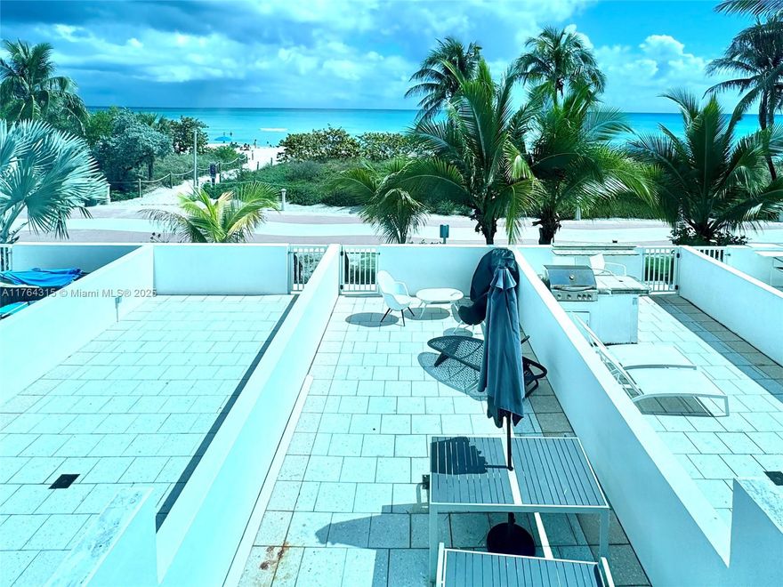 Unique in Miami Beach!!! Direct Ocean Views! Beautiful two story townhouse with an oversized private beach terrace bbq, outdoor dining giving directly to the boardwalk and the sand. One bedroom upstairs with master bathroom, and 2 sleeping sofas with bathroom and laundry room at beach level; Sleeps 6, fully renovated. All the utilities are included in the maintenance fee and no rental restrictions whatsoever (daily rentals are welcomed). 1 valet parking is included for you and your guests. No resort fees! It's a stress free money machine. No other property in Miami Beach is closer to the sand, incredible ocean views from both stories! Don't miss it!