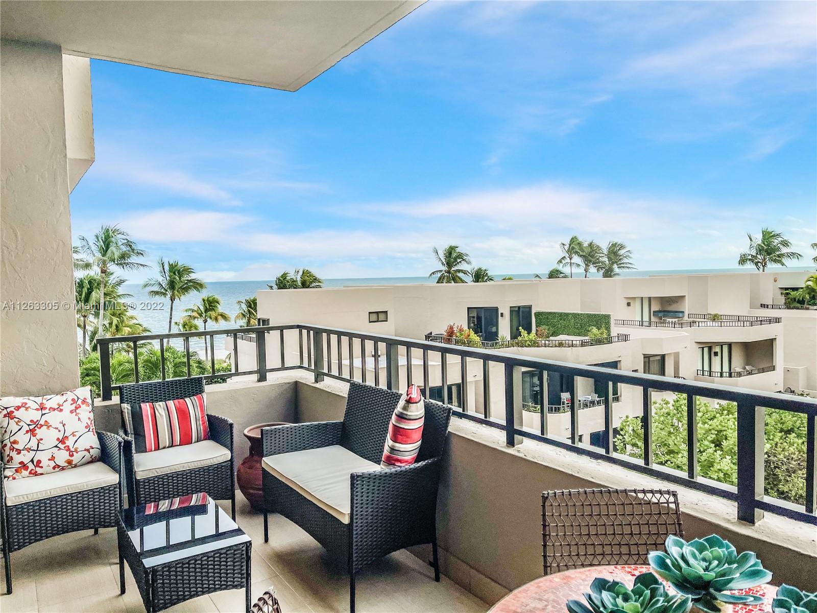 **Available until May 2023** Enjoy a peaceful and relaxing lifestyle at this beautiful Key Biscayne condo! Ideally located in the highly desired beachfront Tidemark building at Key Colony with amenities that include three swimming pools, spa, tennis courts, fitness center, library, onsite grocery and poolside restaurant, as well as private Beach access. Your very own spacious balcony overlooks pool and beach. Primary bedroom with split King adjustable bed and walk-in closet. Second bedroom with queen bed. Den being used as third bedroom with two twin beds. Fully equipped kitchen with washer/dryer. Linens, beach towels, weekly housekeeper service included.