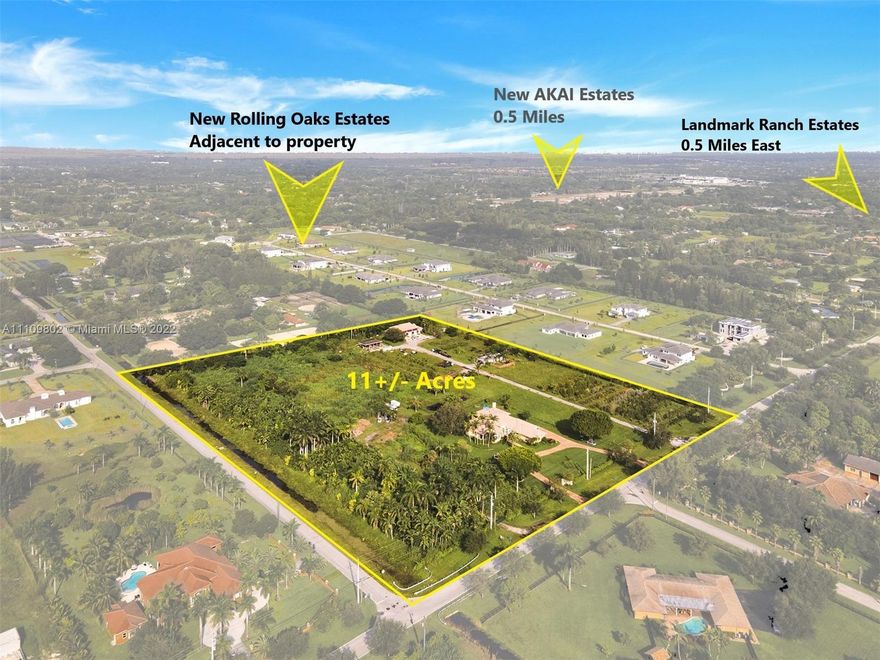 ROLLING OAKS - SOUTHWEST RANCHES PRESENTS YOU THE LARGEST REMAINING 11+/- ACRES LOT SURROUNDED BY MULTI-MILLION DOLLAR PRIVATE ESTATES. The Land currently can be subdivided into FOUR PLATS (2-2.5 acre parcel each). This sale will be AS IS not contingent on the owner subdividing. Great upside for development opportunities or build a TROPHY ESTATE in SW RANCHES. CORNER LOT W/ (2) PUBLIC ROAD ACCESS, NO POWER LINE INTERFERENCE on property, HIGH AND DRY LAND. Close proximity 0.5 miles to NEW $7M + AKAI Estates & Landmark Ranches. Property features 5,500+ SF custom estate home, 2,500+ SF detached work garage/office, & cottage. Don't miss out... OPPORTUNITY KNOCKS!