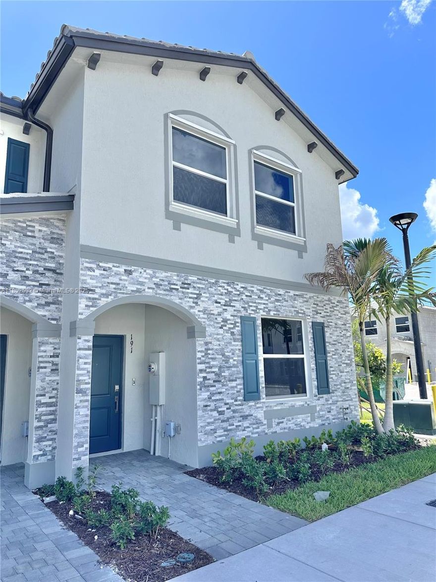 BRAND NEW!!! be first to live in this corner townhouse with 4 bedrooms and 3 full baths, very well designed floor plan with 1 bedroom and 1 full bath conveniently located in the first floor.  Smart home with high speed internet, keyless entry and Ring bell system with camera included.  The property is located right in front of the park with a Tot lot and the future gorgeous clubhouse with fitness center and pool for exclusive use of the residents.  Le Jardine is located east of US1 and only a few steps from the new Publix.  Great schools are located also within walking distance. Close to major retail and restaurants.