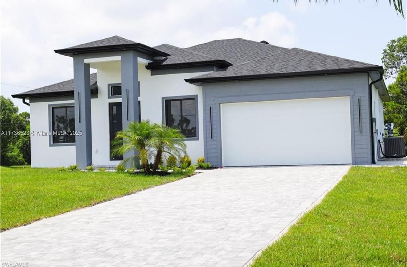 Discover the perfect balance of contemporary design and comfort in this elegant new residence on a peaceful Cape Coral corner. It features 3 spacious bedrooms, 2 impeccably designed bathrooms, and a versatile den for an office or entertainment. The gourmet kitchen, with stainless steel appliances, high-gloss cabinets, and a stunning island, is the home's heart—ideal for fine cooking and gatherings. Open-concept interiors are filled with natural light, enhanced by high ceilings and luxurious porcelain floors for sophistication and freshness.