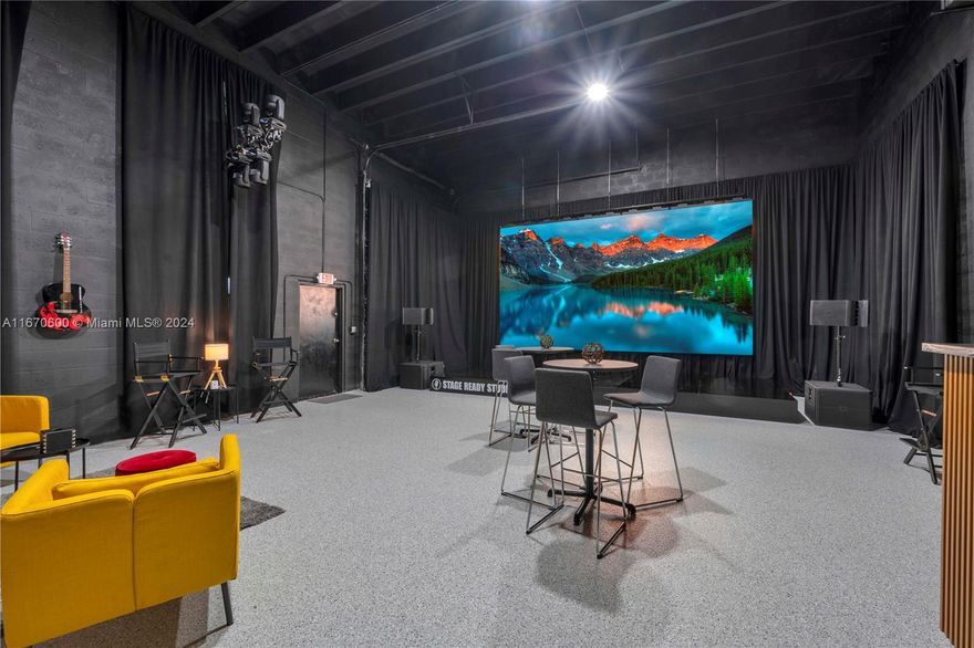 Unlock your creative potential in this fully built-out music studio in Miami. This exceptional space features an impressive 8'x20' ultra-black stage, perfect for performances, showcases, podcasts rehearsals & more. The stunning 10'x18' LED wall w/media server and Apple TV provide immersive visuals. With 8 dynamic moving lights featuring pre-set programs, you can easily set the mood for any event. The studio comfortably accommodates up to 20 guests, making it an ideal venue for rehearsals, recordings, or intimate gatherings. Designed for optimal audio quality, this versatile space is perfect for musicians, producers, and creative professionals alike. Don’t miss out on this rare opportunity to elevate your music venture! Available for 30 day minimum. A/V engineer upon request..