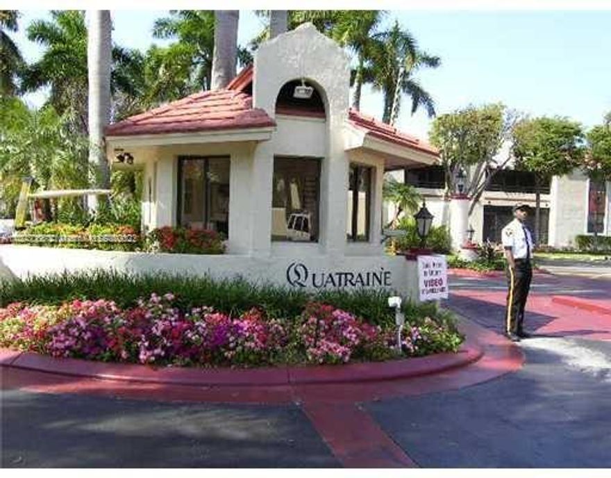 COME SEE THIS BEAUTIFUL 2 BEDROOM 2 BATH CONDO IN THE SOUGHT-AFTER COMMUNITY OF QUATRAINE CONDOS. JUST MINUTES TO I-95 TO THE EAST AND 5 MINUTES TO THE TURNPIKE WEST. 24 HOUR GUARD GATED ENTRY, 1ST CLASS AMENITIES. THIS UNIT HAS SCREENED BALCONY WITH WASHER, DRYER HOOK UPS AND WATER HEATER IN A LARGE UTILITY ROOM. 1 MINUTE WALK TO THE COMMUNITY POOL FROM YOUR FRONT DOOR. PERFECT HOME FOR SOMEONE LOOKING FOR A SAFE ENVIRONMENT AS ITS A 24 HOUR GATE GUARDED COMMUNITY. DOGS ALLOWED, WEIGHT AND BREED RESTRICTIONS APPLY.