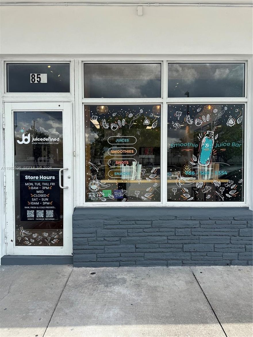 Well-established and highly popular juice bar with a strong community presence. This fully equipped business is ready for a new owner to step in and thrive. The space features 2 commercial refrigerators, a commercial freezer, POS system  cash register, security monitors with cameras and locks, and more. Seller is willing to install a brand new grease trap before closing, making this location perfect for a juice bar, café, or any type of food startup. Benefit from a very low monthly lease of just $1,650, offering an unbeatable opportunity to keep overhead costs down. Motivated Seller. (For clarity purposes, this listing ONLY includes current build out of unit and equipment listed above, NOT the actual Trademarked business)