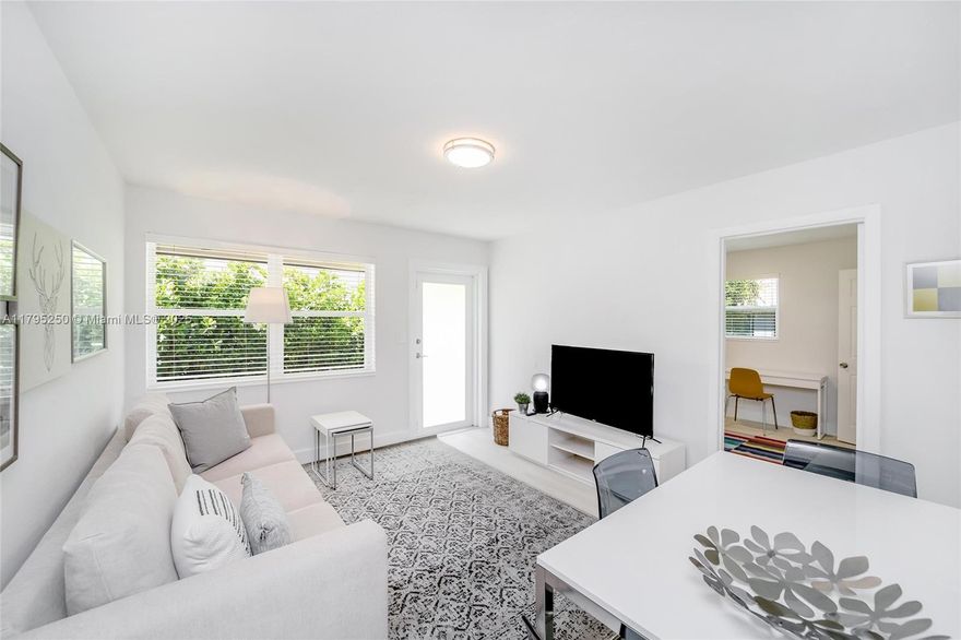 Freshly designed 2 bed/1 bath, furnished. Apartment has been designed to maximize space and light. Very comfortable and beautifully furnished. Amenities: 1 washer/dryer on site, on-demand home maintenance service, free assigned parking, on site 24/7 video surveillance, on site bicycle rack, lovely private backyard surrounded by clusia trees. Happy Building is located walking distance from the University of Miami,Larkin Community Hospital South Miami,South Miami Hospital, Sunset Place Mall & Movie Theater, Whole Foods and much more. 1 free parking,Internet and water are included.