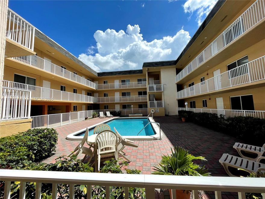 2 Bedroom, 1 bath, first floor, corner unit, very private and no stairs. New kitchen with quartz countertop and new appliances. New bathroom. Impact Windows and newer AC unit. All tile floors. Building installed new fire alarm, new roof, new handrails. Building has a swimming pool and laundry on site. Assigned parking space in front of the unit. Guest parking available.