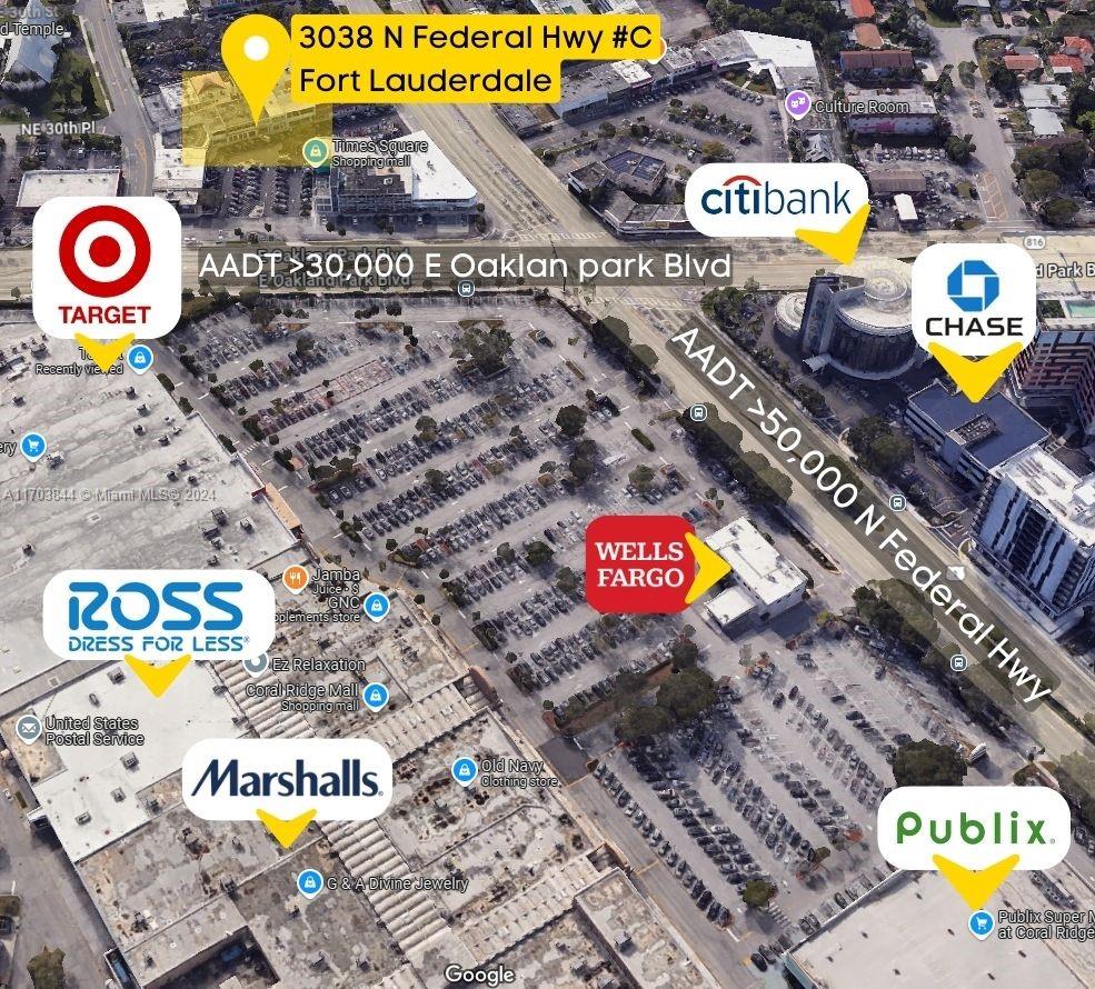 1,982 SF of commercial property with 1 office, 2 baths,1 kitchenette. Great commercial location in Time Square Shopping. Great exposure, more than 45,000 Annual Average Daily Traffic (AADT) on N Federal Hwy. Perfec for retail, variety of businesses, professional office, medical office, Showroom and more. This location is vacant an available for immediate occupancy - Rent for $25/SF + $9 NNN. If you need more space, you can add another unit from the same owner available on the second floor with separate entrance and 2,150 SF, rent for $17/SF + $6 NNN which can be used for Office, medical office, proffesional office, retail, etc.