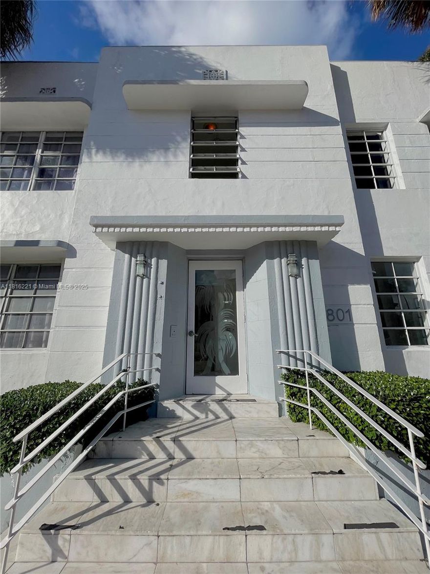 Bright 2/1 corner unit in a historic Art Deco building with private use of yard! This Art Deco gem features marble floors throughout, a faux Deco fireplace, stainless steel appliances, Washer/Dryer Hookup, central AC, brand new impact windows and an extra perk: the area off of the master bedroom could be used as a home office! The building is secured, has onsite laundry, and is walking distance to the beach, Flamingo Park, shopping and dining.