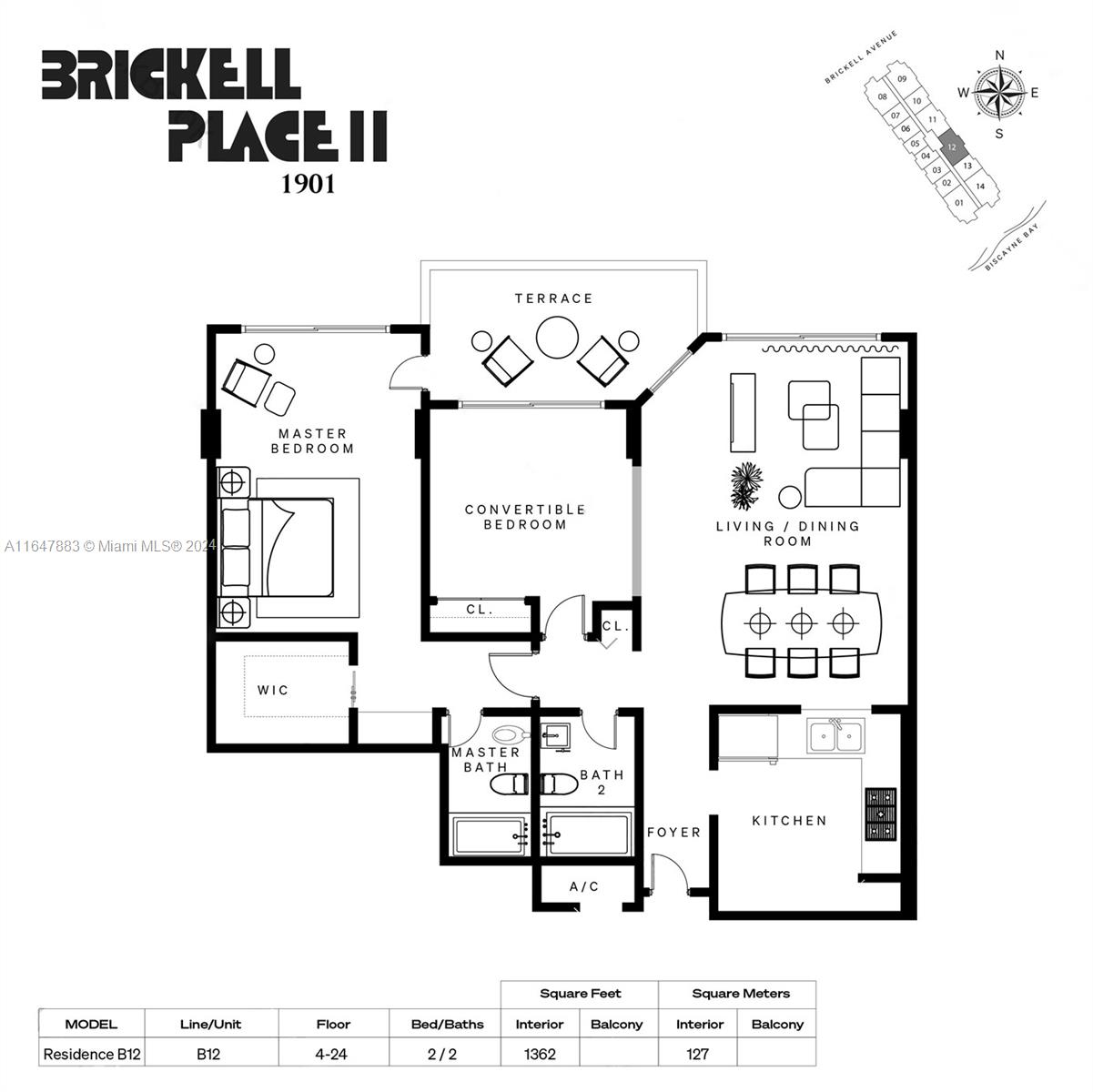 Located on the east side of Brickell Avenue, Brickell Place condo complex consists of four towers overlooking Biscayne Bay. As one of the first developments in Brickell, it blends history, convenience, and modern living.
This newly renovated apartment in Tower II spans 1,362 sq. ft., featuring 2 bedrooms, 2 bathrooms, an open kitchen with stainless steel appliances, ceramic floors, a large balcony, city views, an in-unit washer and dryer, and one assigned covered parking space.
Brickell Place has beautifully renovated lobbies and an unbeatable location, making it a top condo option in Brickell, Miami.
The complex offers two pools, an outdoor hot tub, six tennis courts, a playground, BBQ areas, a gym, a steam room, a sauna, a racquetball court, and complimentary valet parking.