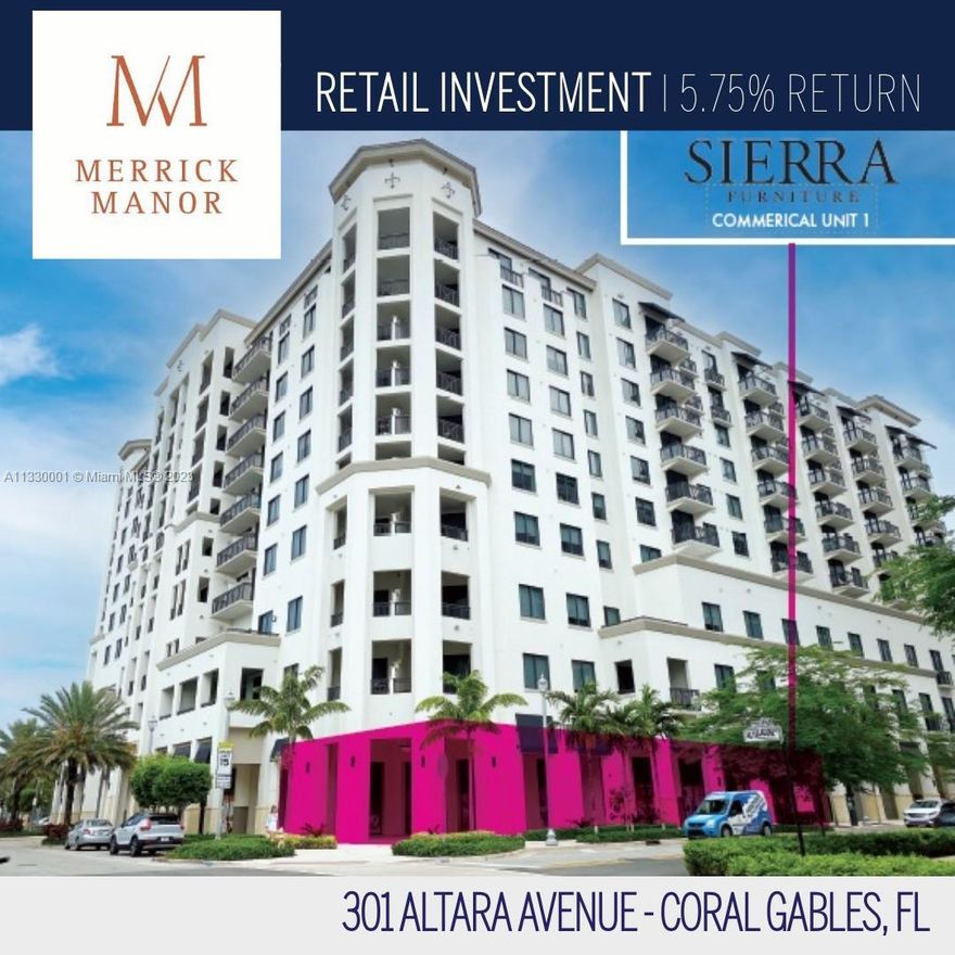 Solid Retail Investment Opportunity in Coral Gables, Florida.  The 4,488-square-foot interior space with 1,836-sq.ft. outdoor terrace at the luxury mixed-use building is located just steps away from the world-class Shops at Merrick Park. It was delivered fully built out and move-in ready with a tenant already in place, so a buyer would benefit from both monthly income and future upside as Coral Gables continues to grow. Merrick Manor has 227 high-end residences and 20,000 square feet of ground-floor commercial space, including Sierra Furniture, Anaïs Nails & Spa, Body Details, Elegance Beauty Salon, Sweat 440, and Trésor. PREMIUM STREET-LEVEL EXPOSURE
Retail spaces offer street frontage directly adjacent to The Shops at Merrick Park, which features globally renowned retailers.