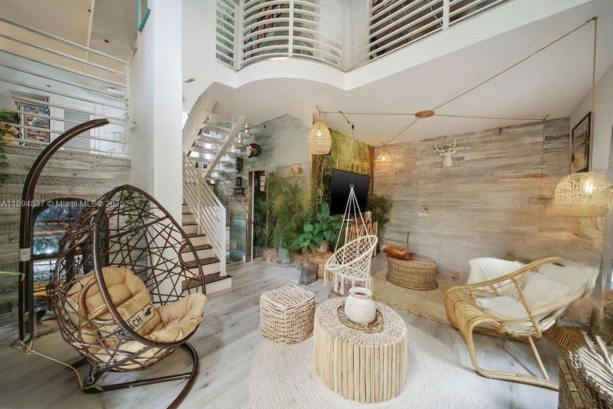 A RARE GEM THE JUNGLE TOWNHOUSE w/ PRIVATE 2 CAR GARAGE at The Courts in South Of Fifth, Miami’s #1 neighborhood. 2285 Square feet total w/ 3 full beds/3 full baths & half bath, office, & formal dining room. Feel like you are a Tulum Chic RESORT in this BOHO CHIC TULUM masterpiece! Light wood floors throughout, hand painted mural on 20 ft ceilings living room, custom designed Master bedroom w/ open bathroom with soaking bathtub & shower. PRIVATE separate entrance street level and a private 2 car garage w/ plenty of storage and outdoor terrace space. Home feeling w/ amenities of condo, 24 hour gated security, 1 Olympic sized pool, 1 pool at gym with sauna, party room, lavish grounds landscaping. Vacant & easy to show! All assessments have been paid off by seller