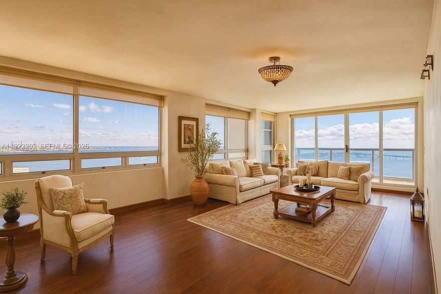 Comes with two Assigned Parkings, Private Elevator, Only two Apartments per floor!

Rare corner residence at The Palace, designed by Arquitectonica, offering unobstructed Bay, Ocean, and Brickell skyline views from every major room. This 1,697 SF home lives larger than recorded thanks to an enclosed balcony that expands the interior footprint. Features include double storm- and sound-proof balcony doors, a bright flow-through layout, and a private two-units-per-floor elevator hall. Enjoy 270° exposures with sunrise and sunset views and a well-proportioned primary suite overlooking the water.

The Palace is a full-service Brickell waterfront building with 24-hour concierge, valet, tennis courts, a fitness center, pool, and direct bayfront access. Prime Brickell Avenue location - minutes to Brickell City Centre, Mary Brickell Village, Key Biscayne, and Coconut Grove. A rare opportunity to own one of the best view lines in the building.