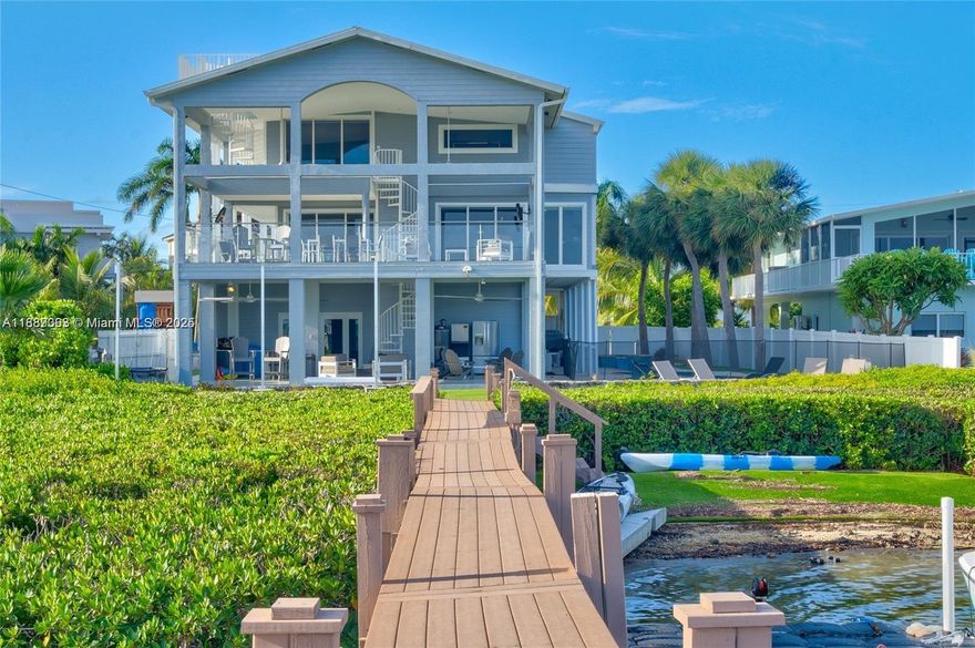 Paradise awaits in this elegant bayfront home in Buccaneer Point. With 4 beds, 4 baths, and wraparound verandas
 offering panoramic bay views, this residence blends coastal charm with modern comfort. Enjoy a private dock with
 boat lift, sandy beach access, and a chef's kitchen with granite counters and stainless appliances. The third-floor
 primary suite features a private balcony and spa-style tub, all accessible by elevator. Complete with a spacious
 garage and storage for all your water toys- this is true Keys living at its finest